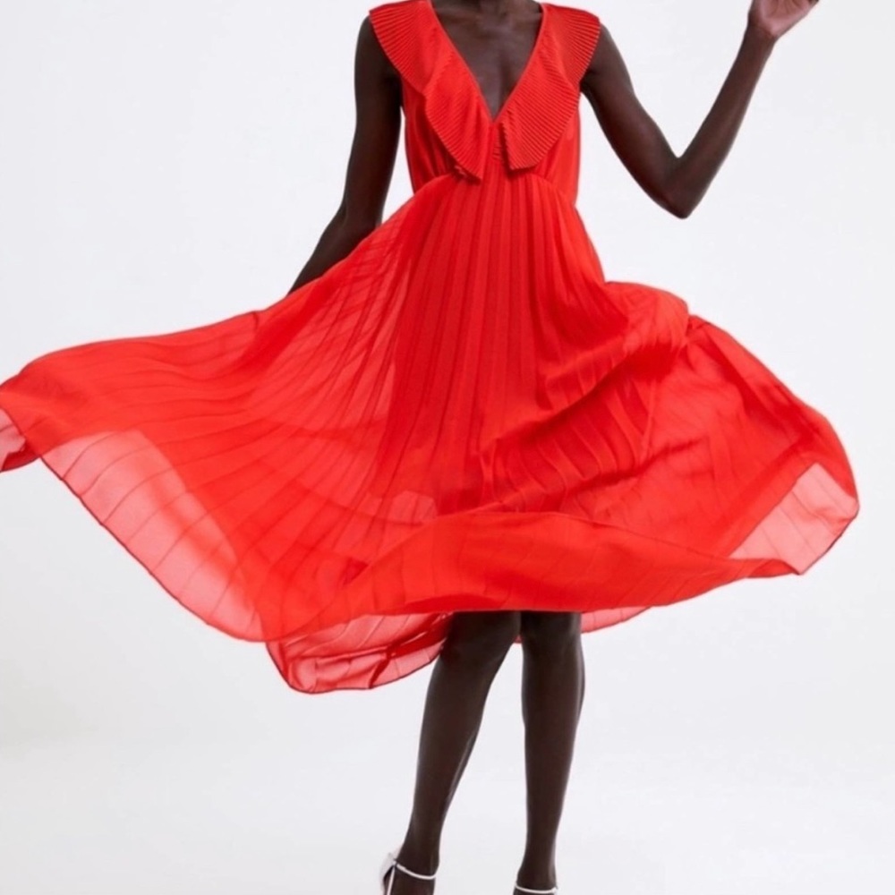 ZARA Bright Red Ruffled Plunging Maxi Dress